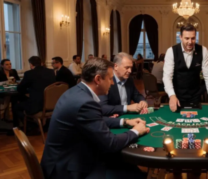 Kolaż zdjęć prezentujących mobilne stoły blackjack podczas różnych eventów