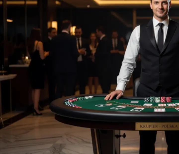 Doświadczony krupier w eleganckim stroju prowadzący mobilną rozgrywkę blackjack