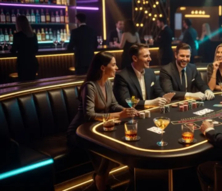 Podświetlony stół blackjack w eleganckim, wieczornym wnętrzu eventowym