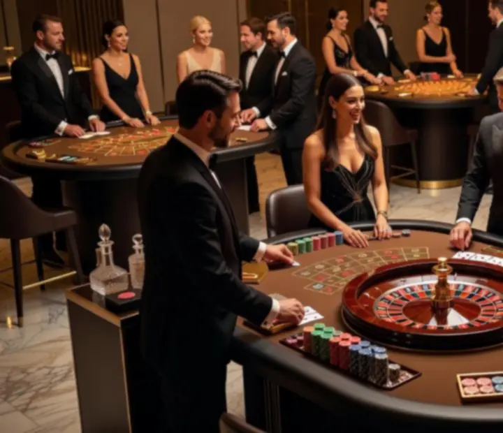 Strefa kasynowa z eleganckimi stołami do pokera, ruletki i blackjacka