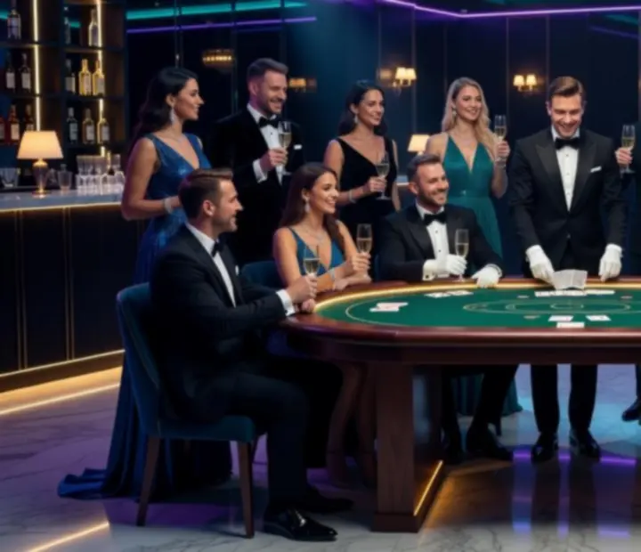 Nocna scena eventu z mobilnym stołem pokerowym i eleganckimi gośćmi