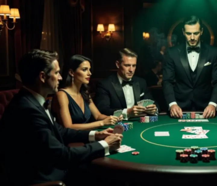 Wieczorna scena pokerowa z podświetlonym stołem, krupierem i eleganckimi gośćmi