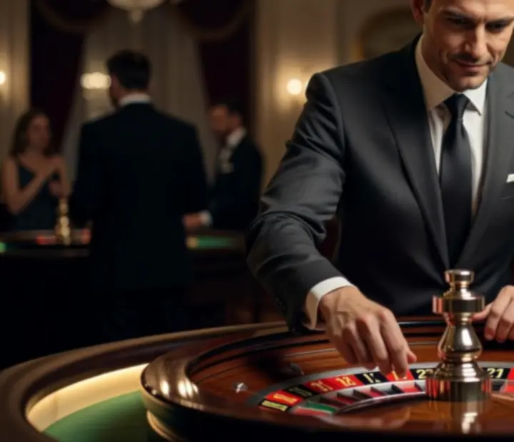 Profesjonalny krupier prowadzący stół ruletkowy podczas eleganckiego eventu